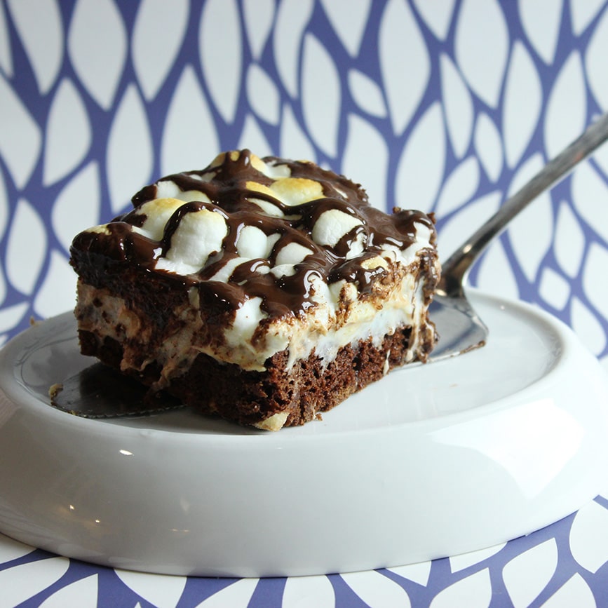 Photograph of the recipe for decadent layered s'mores brownies.