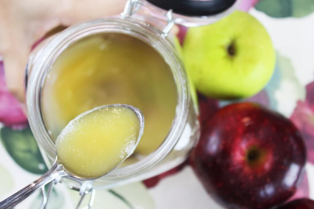 Overhead view looking directly down into the fresh applesauce container.