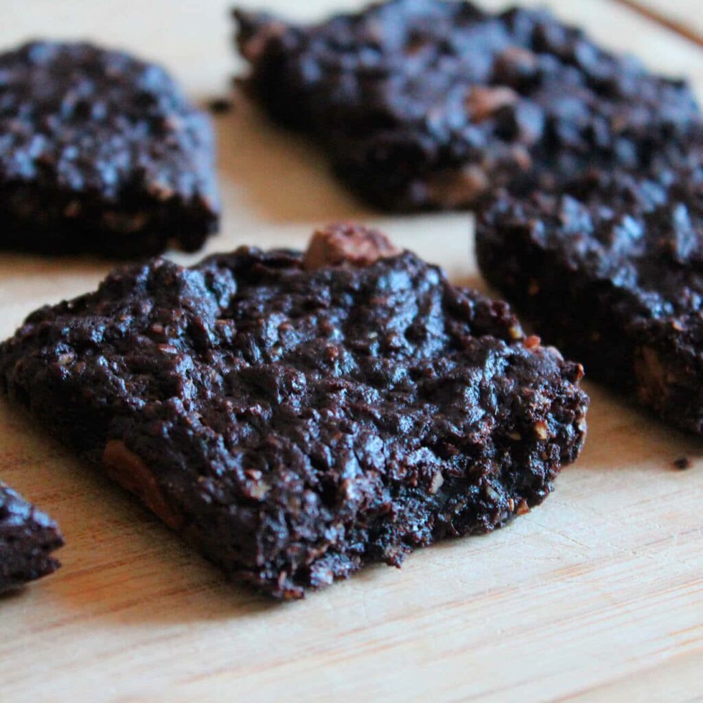 Photograph of the recipe for deep rich healthy vegan brownies blocks.