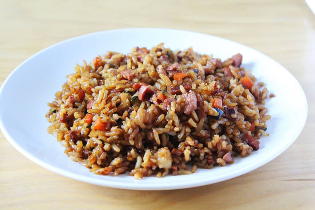 Front view displaying a freshly prepared serving of savory fried rice.