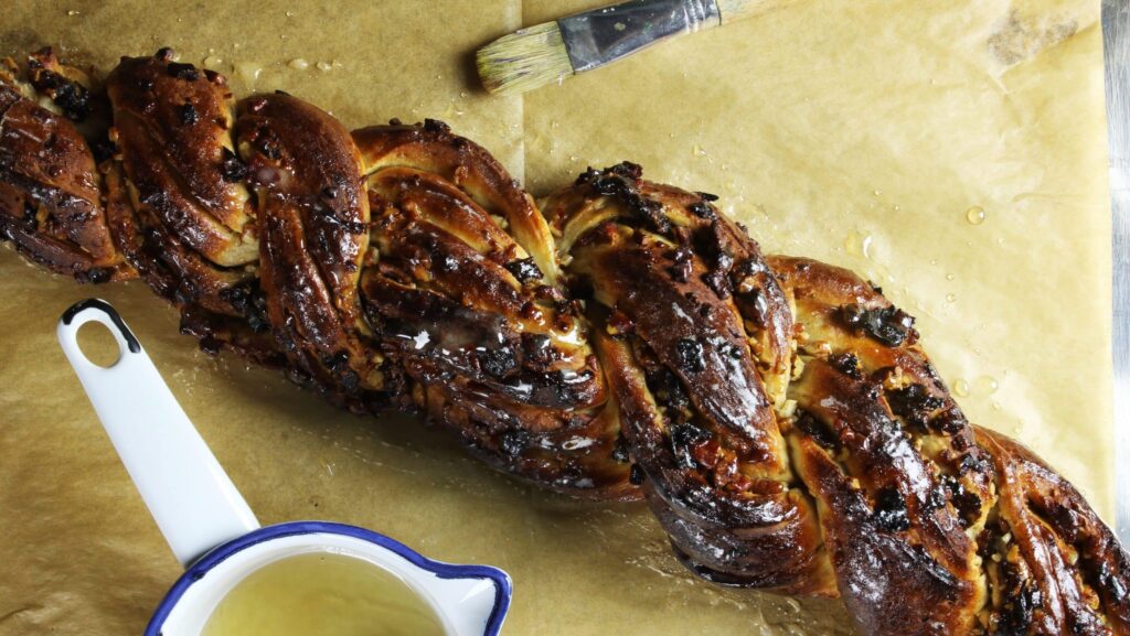 Alternative cropped top view showing the rectangular shape of the sweet honey bread.