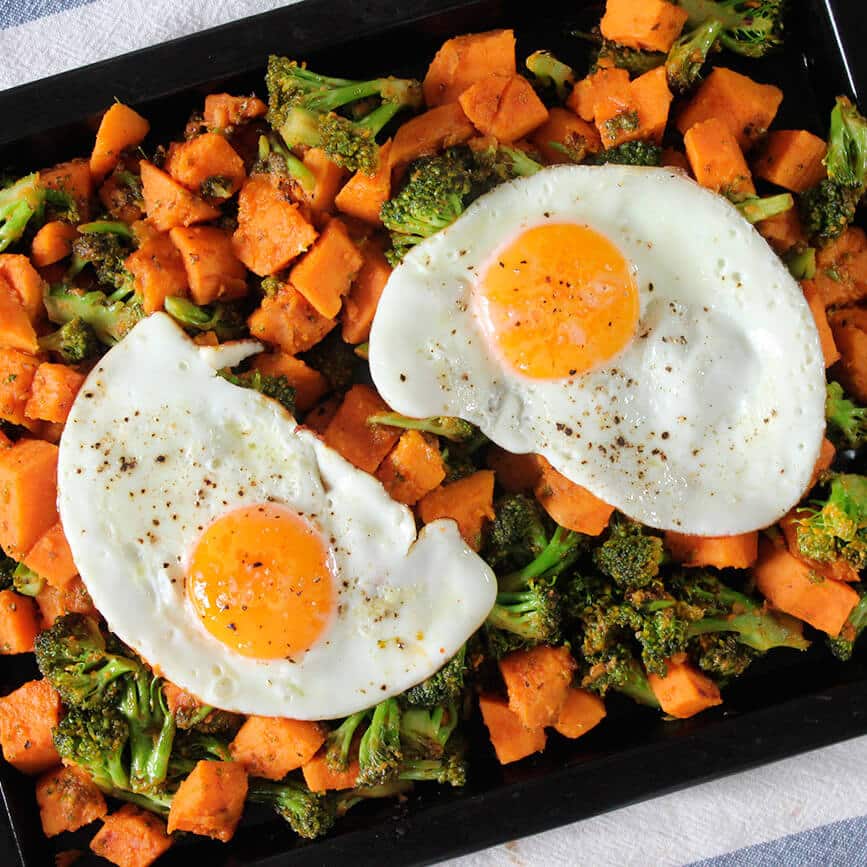 Photograph of the recipe for a savory sweet potato and broccoli hash with eggs.