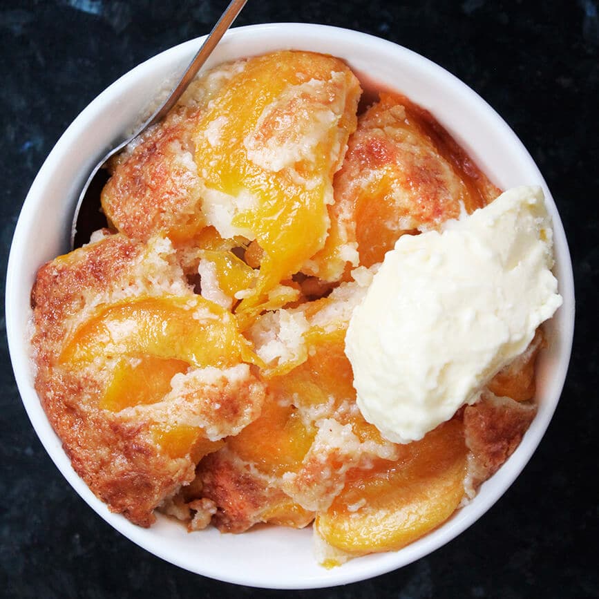 Photograph of the recipe for classic peach cobbler.