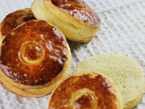 Standard overhead perspective displaying the round shapes of the finished easy homemade biscuits batch.