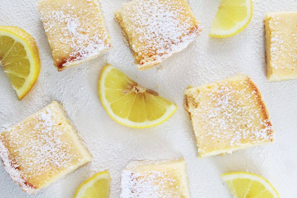 Overhead view displaying the sliced arrangement of the lemon bars.