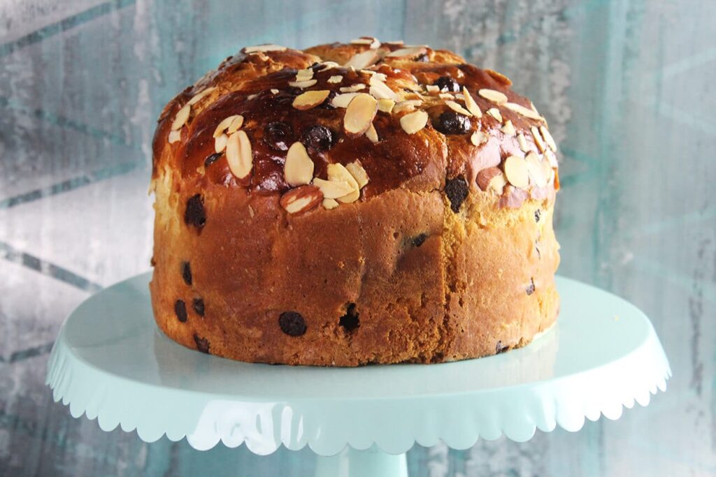 Side perspective showing the paper mold wrapper and height of the cooked chocolate chips panettone.