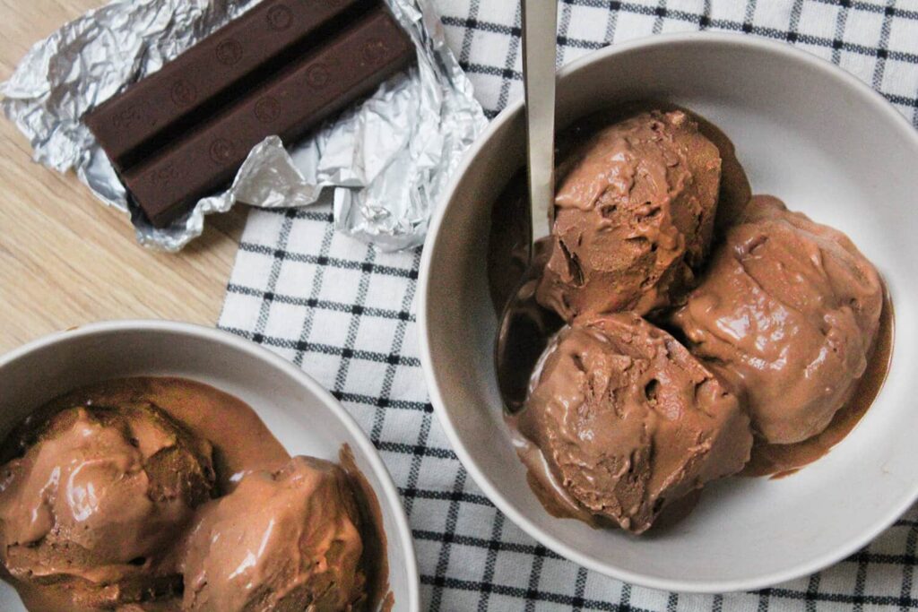 Overhead view showing the container filled with dark chocolate ice cream.