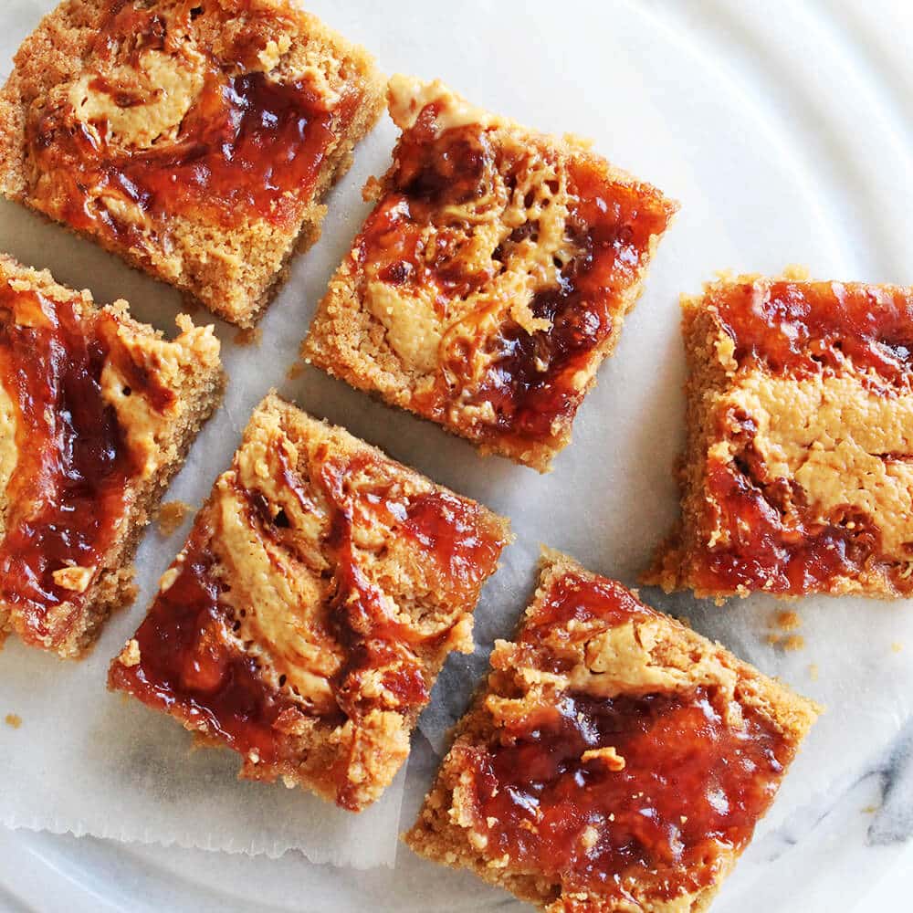 Photograph of the recipe for rich peanut butter and jelly blondies.