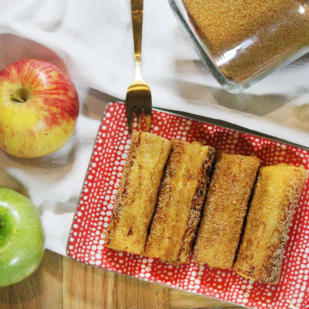 Photograph of the recipe for sweet apple french toast roll ups.