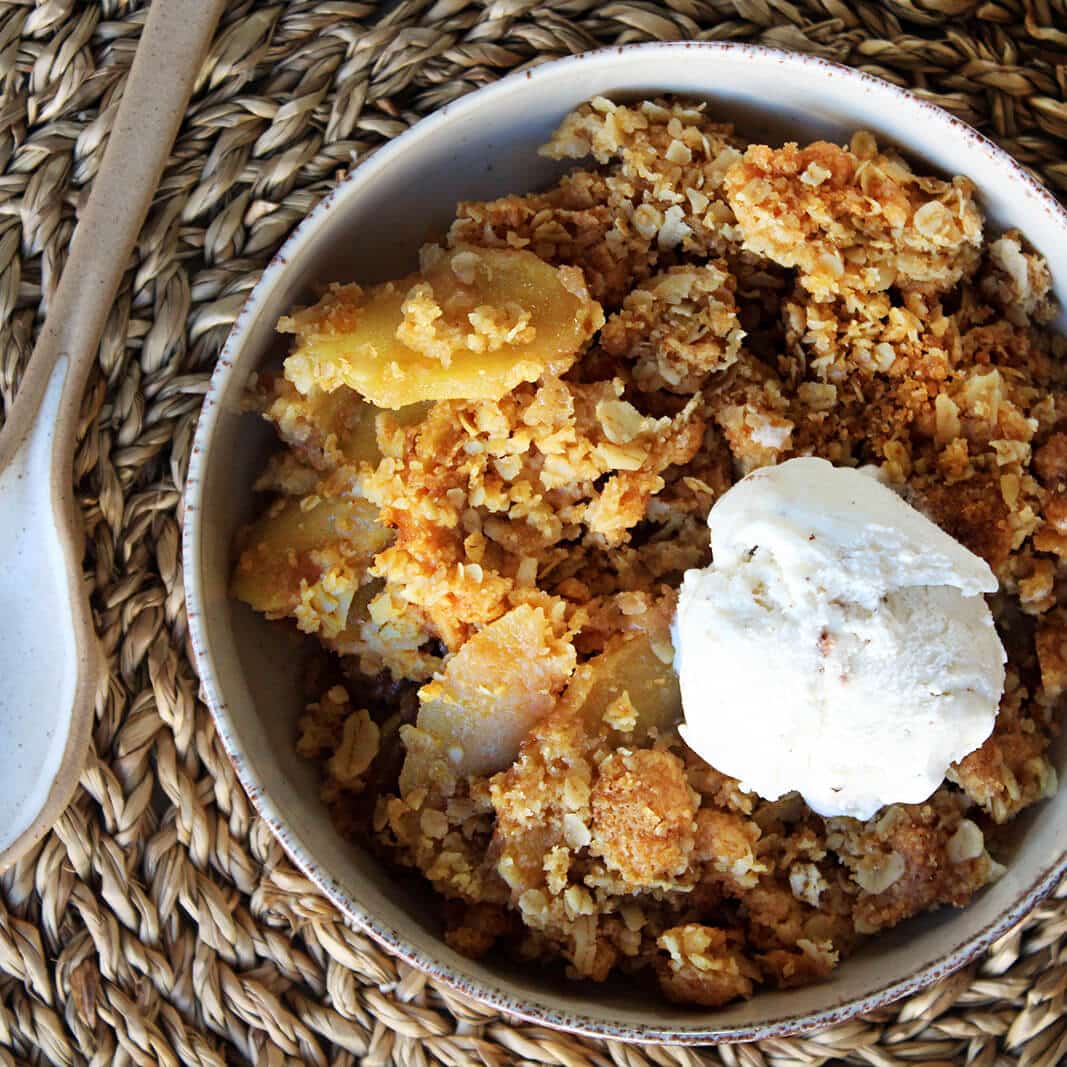 Photograph of the recipe for warm baked apple crisp.