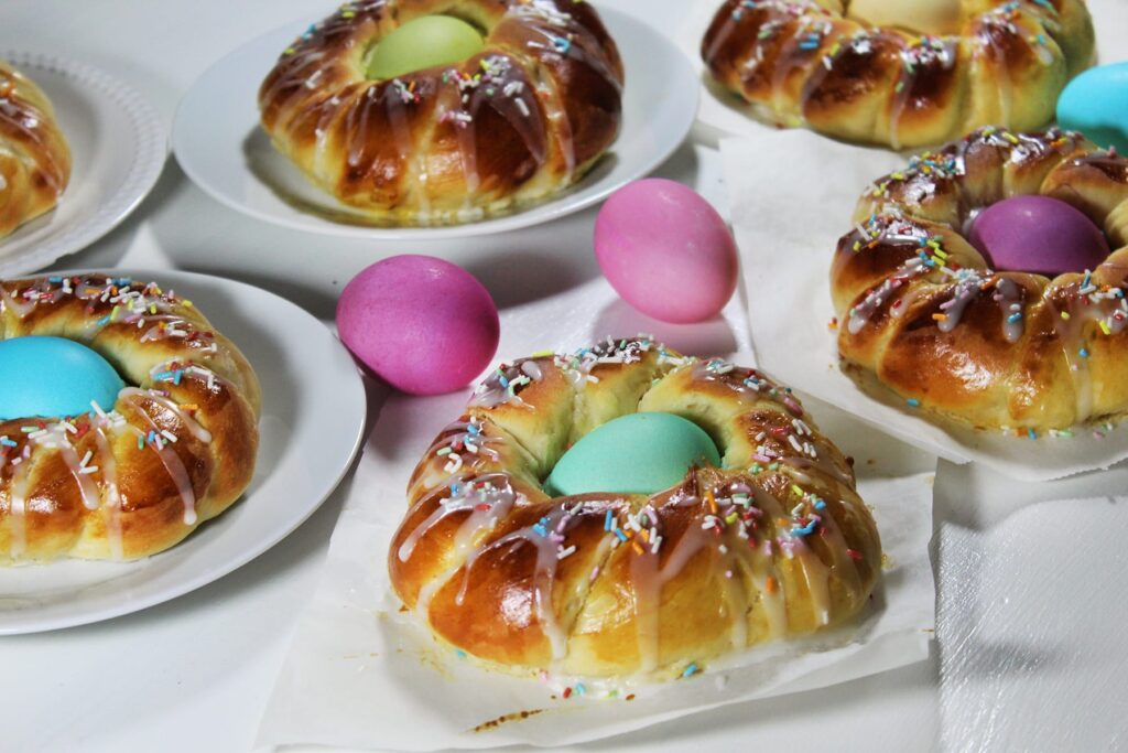 Side perspective showcasing the thickness of the baked Italian easter bread.