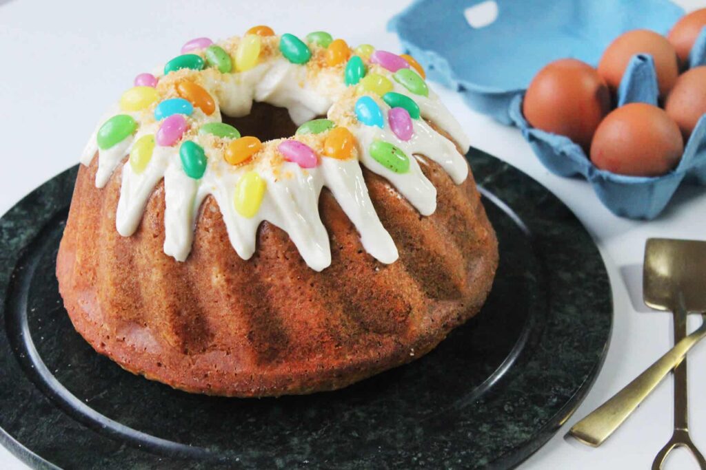 Side perspective displaying the shape and height of the easter carrot bundt cake.