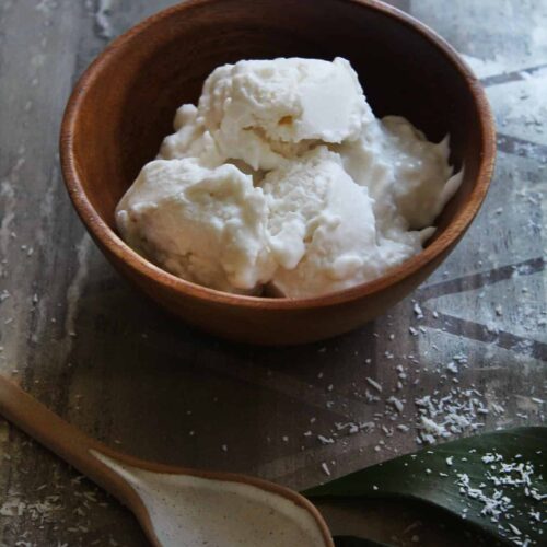Vertical format photograph highlighting the presentation of coconut ice cream.