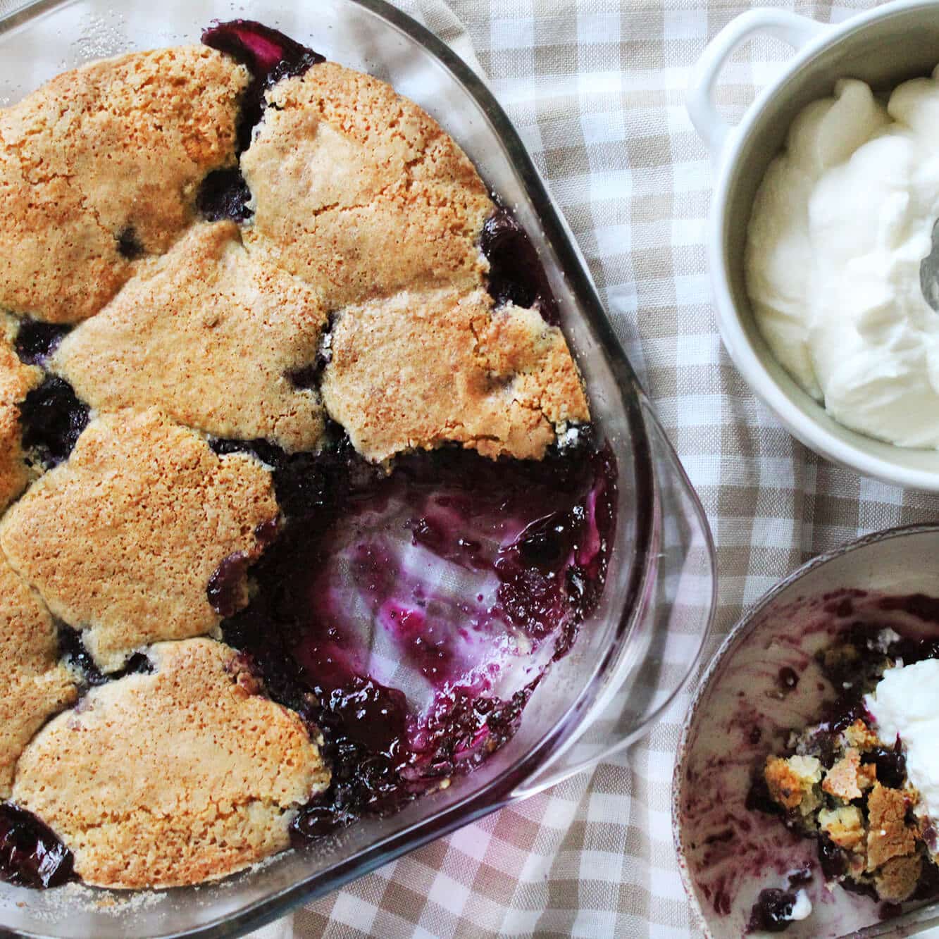 Photograph of the recipe for traditional warm blueberry cobbler.