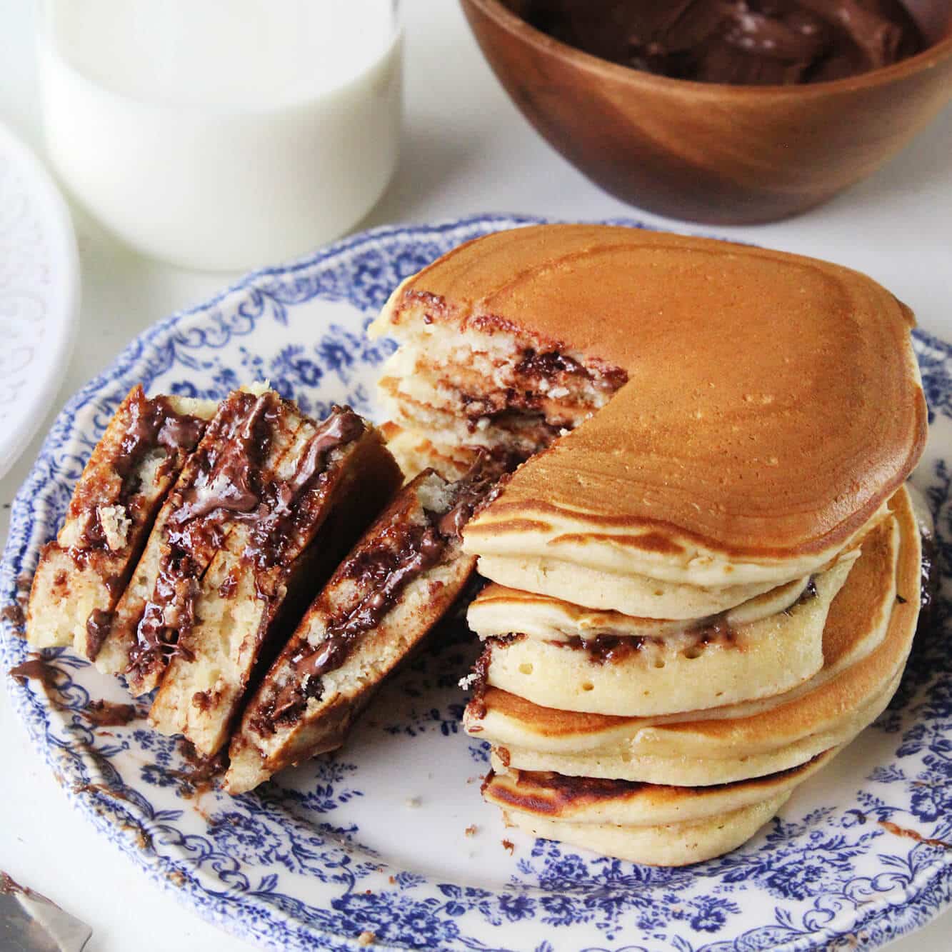 Photograph of the recipe for fluffy nutella stuffed pancakes.