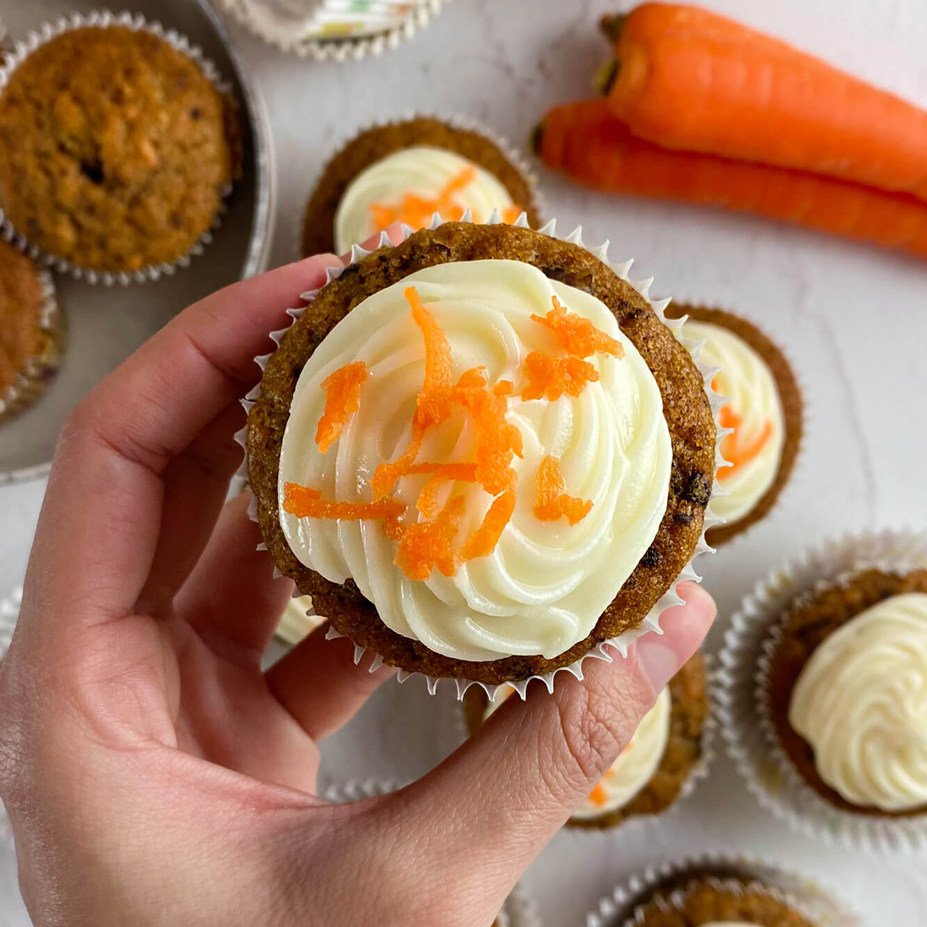 Photograph of the recipe for spiced carrot cupcakes with cream cheese frosting.