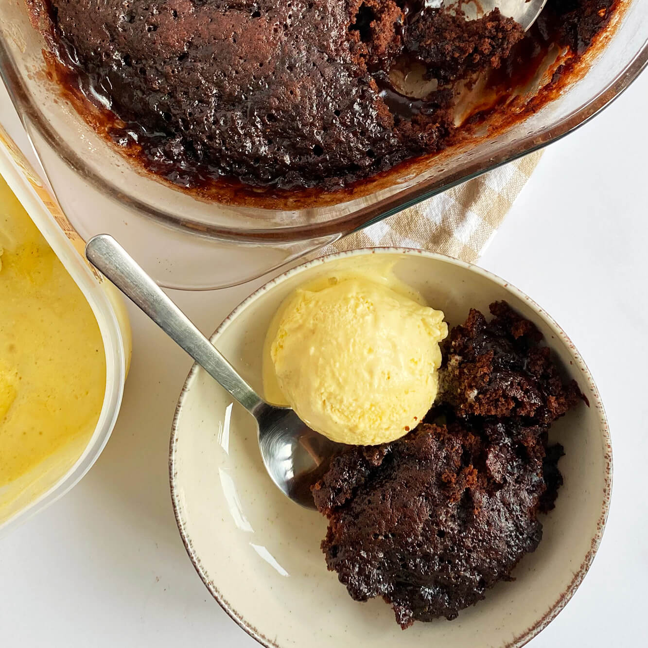 Photograph of the recipe for rich microwave chocolate pudding cake.