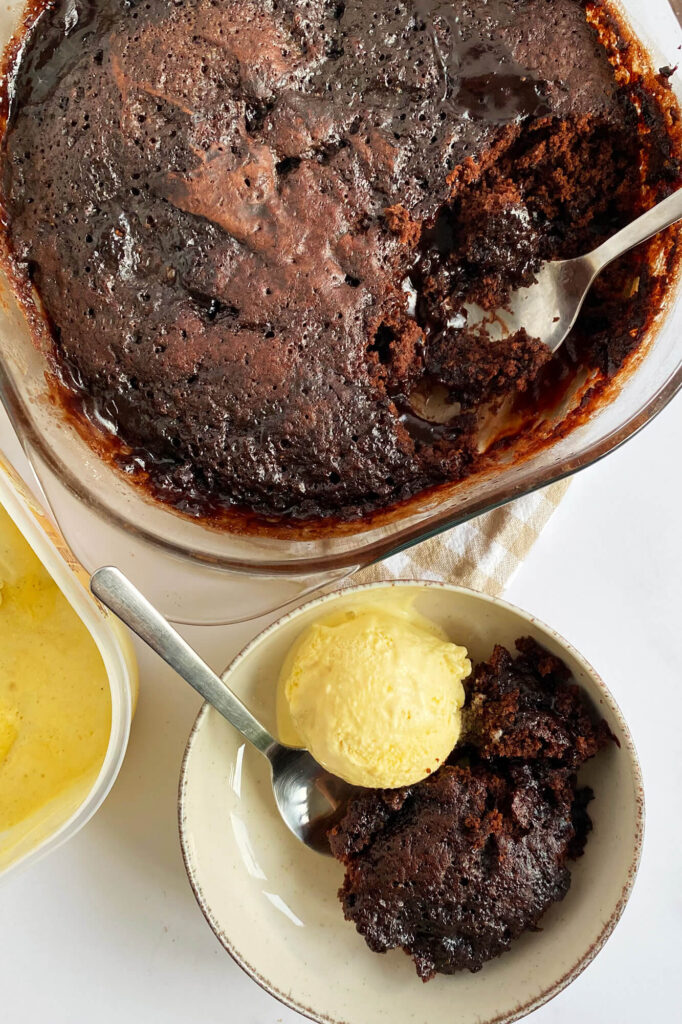 Vertical format photograph showcasing a single hot serving of microwave chocolate pudding cake.