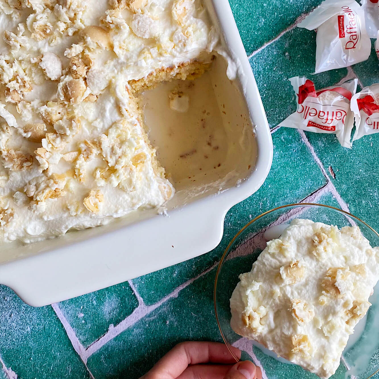 Photograph of the recipe for a rich soaked raffaello tres leches cake.