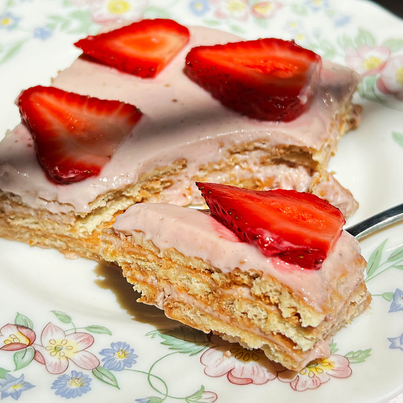 Photograph of the recipe for a chilled layered strawberry icebox cake.