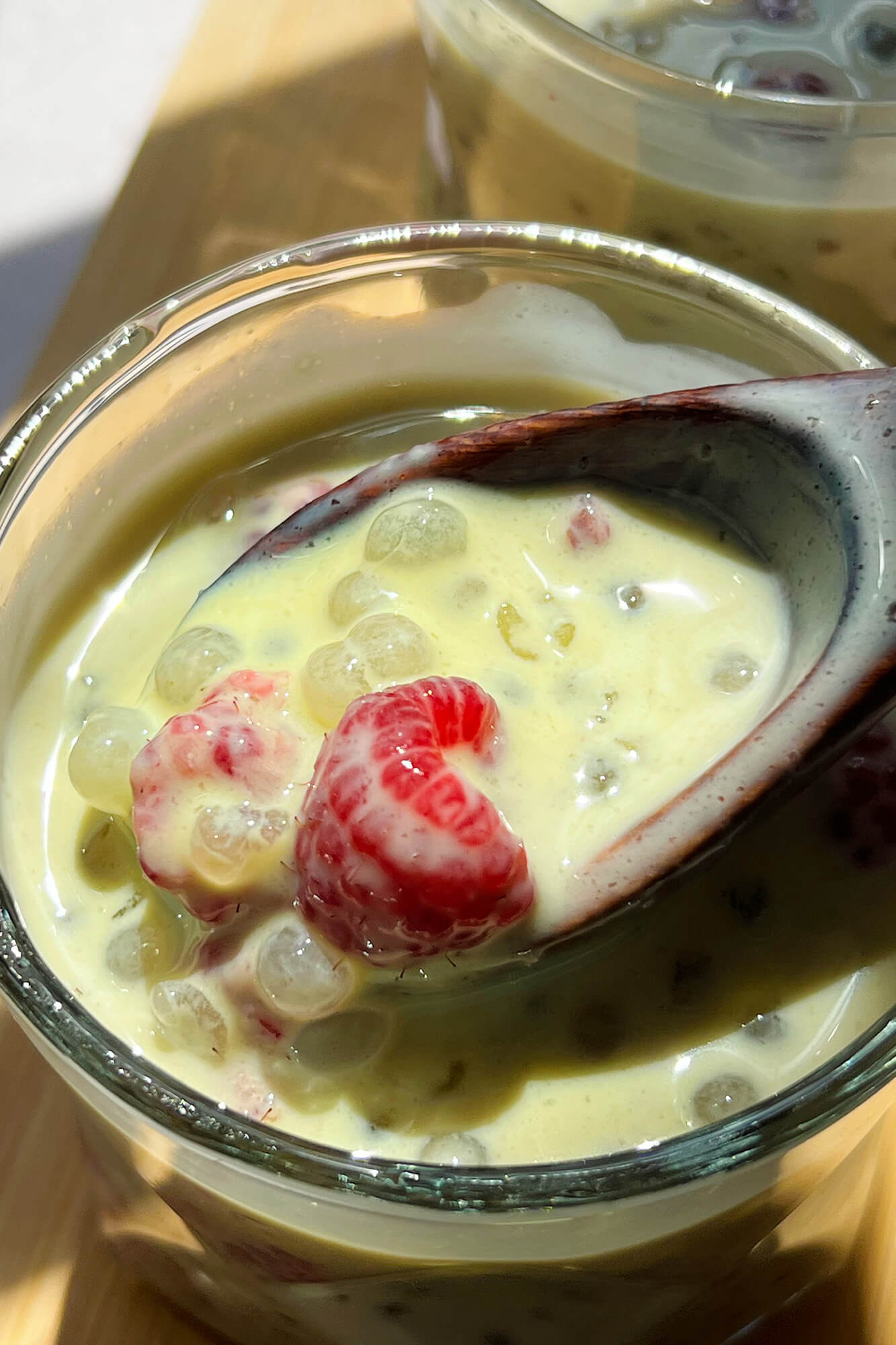 Matcha sago with raspberries