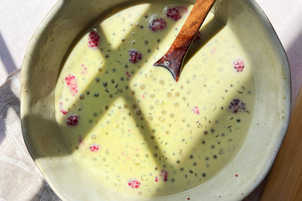 Como hacer un Sago de matcha con frambuesas